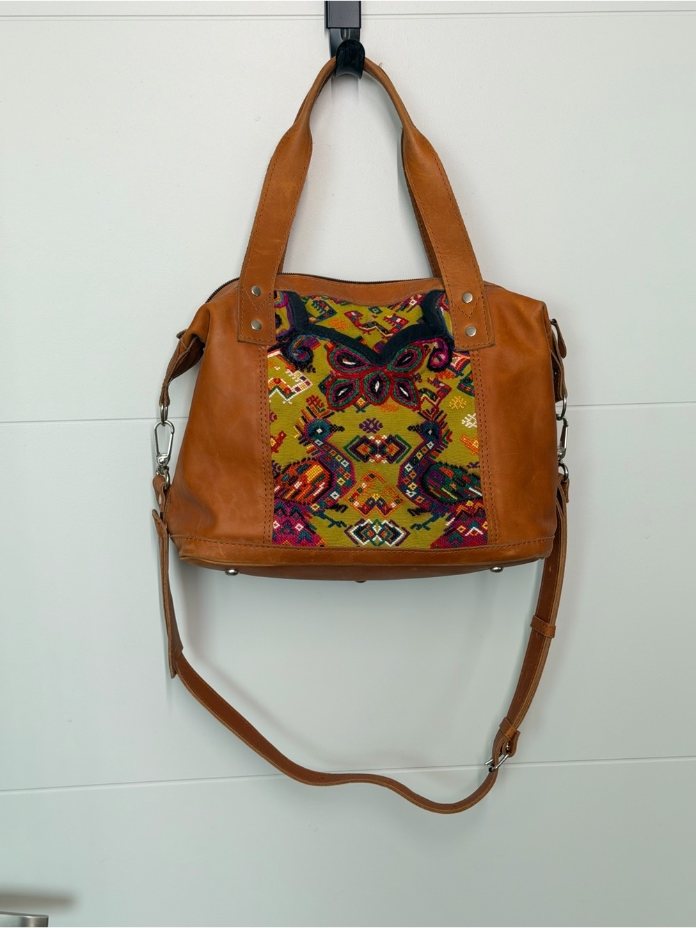 Nena & Co. Tan Leather Shoulder Bag with Multicolor Embroidered Panel